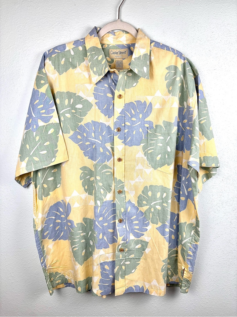 Cooke Street 100% Cotton Tropical Leaf Blue Green Yellow Hawaiian Shirt Size 2XL